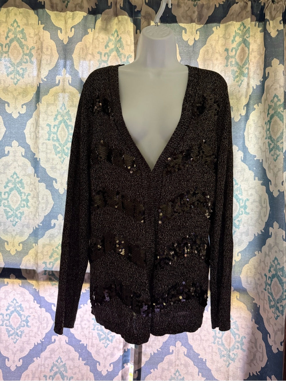 Dana Buchman Black Silver Sequins Knit Metallic Open Front Cardigan Sweater L